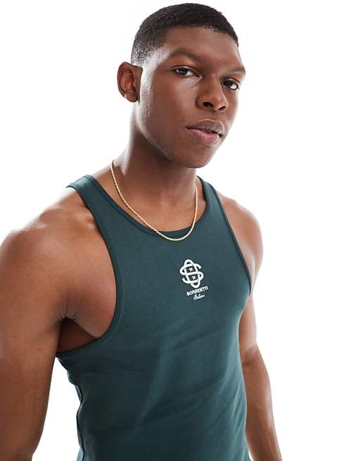 DESIGN Muscle Fit High Scoop Vest With Chest Logo Embroidery In Dark Green