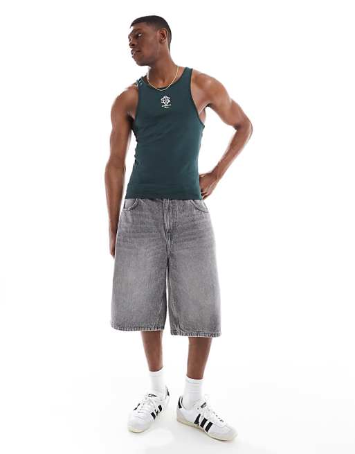 DESIGN Muscle Fit High Scoop Vest With Chest Logo Embroidery In Dark Green