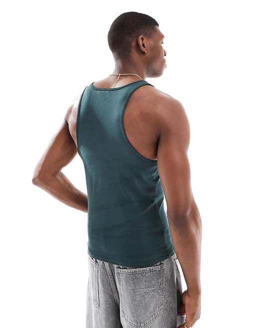 DESIGN Muscle Fit High Scoop Vest With Chest Logo Embroidery In Dark Green