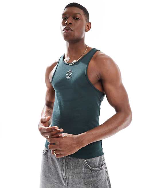 DESIGN muscle fit high scoop vest with chest logo embroidery in dark green