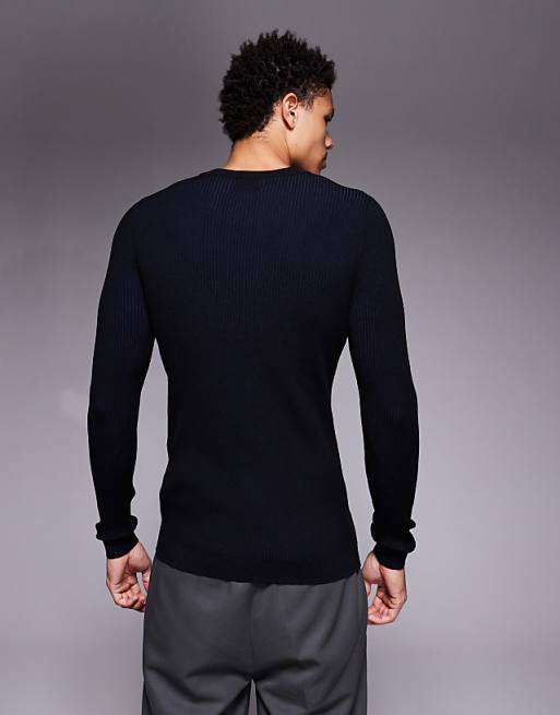DESIGN Muscle Fit Knitted Blue Plated Rib T-shirt In Black