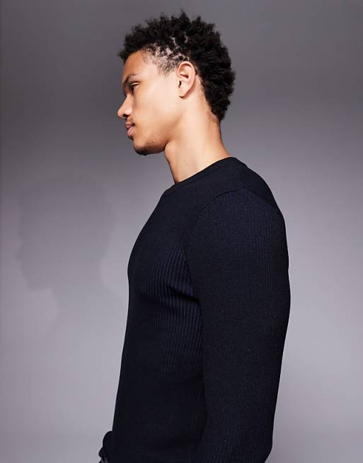 DESIGN Muscle Fit Knitted Blue Plated Rib T-shirt In Black