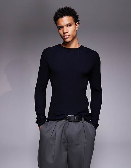 DESIGN muscle fit knitted blue plated rib t-shirt in black