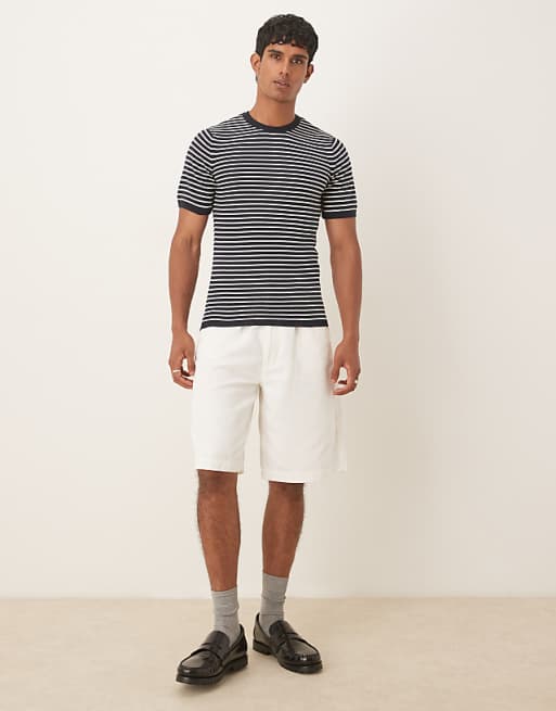 DESIGN Muscle Fit Knitted Crew Neck T-shirt In Navy And Cream Stripe