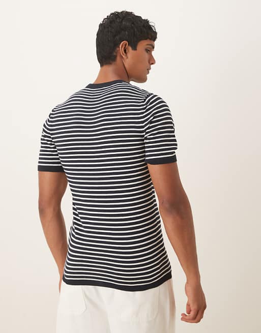 DESIGN Muscle Fit Knitted Crew Neck T-shirt In Navy And Cream Stripe