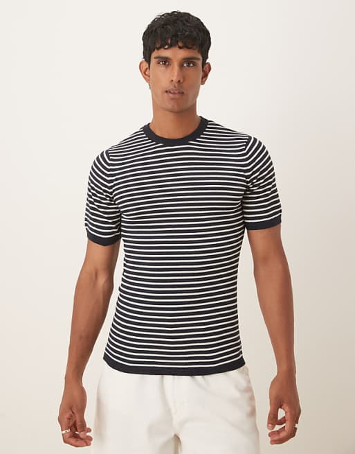 DESIGN muscle fit knitted crew neck t-shirt in navy and cream stripe