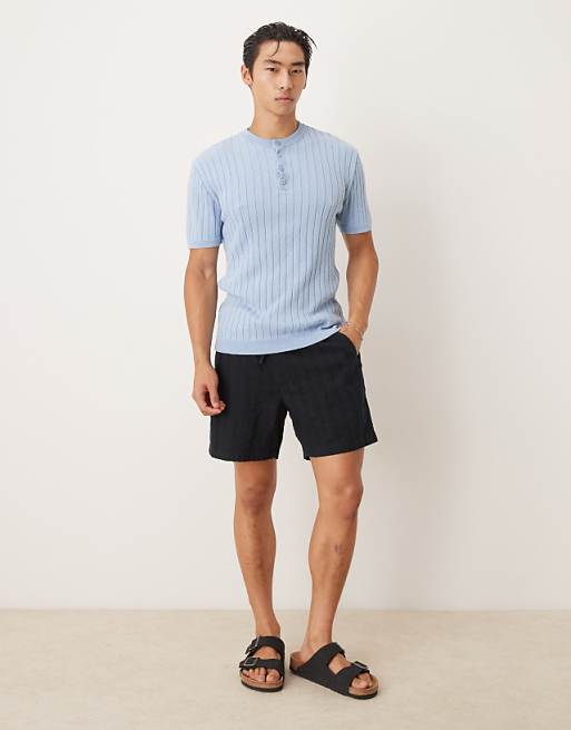 DESIGN Muscle Fit Knitted Henley Neck T-shirt In Light Blue