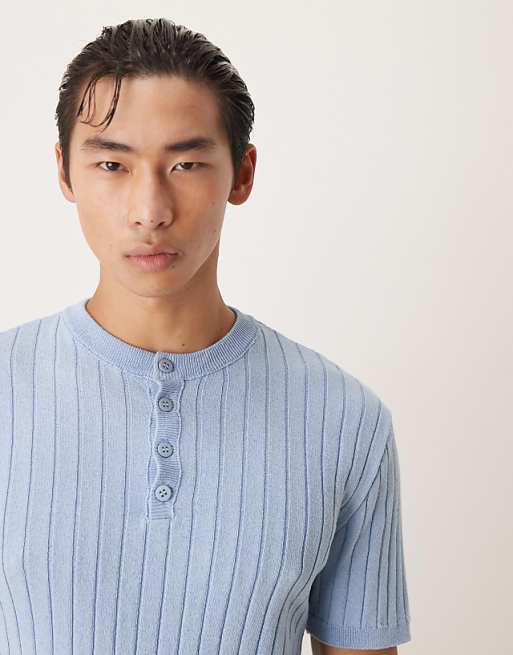 DESIGN Muscle Fit Knitted Henley Neck T-shirt In Light Blue