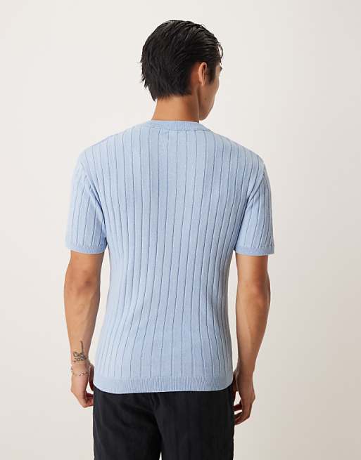 DESIGN Muscle Fit Knitted Henley Neck T-shirt In Light Blue