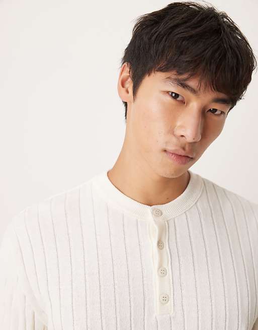 DESIGN Muscle Fit Knitted Henley Neck T-shirt In Cream