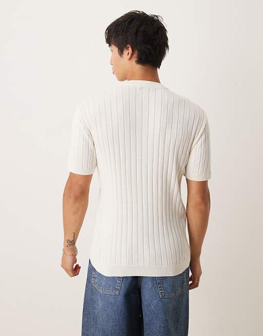 DESIGN Muscle Fit Knitted Henley Neck T-shirt In Cream
