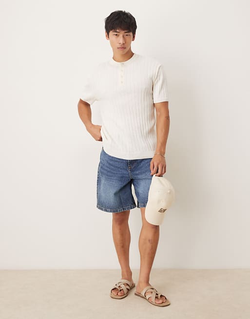 DESIGN Muscle Fit Knitted Henley Neck T-shirt In Cream