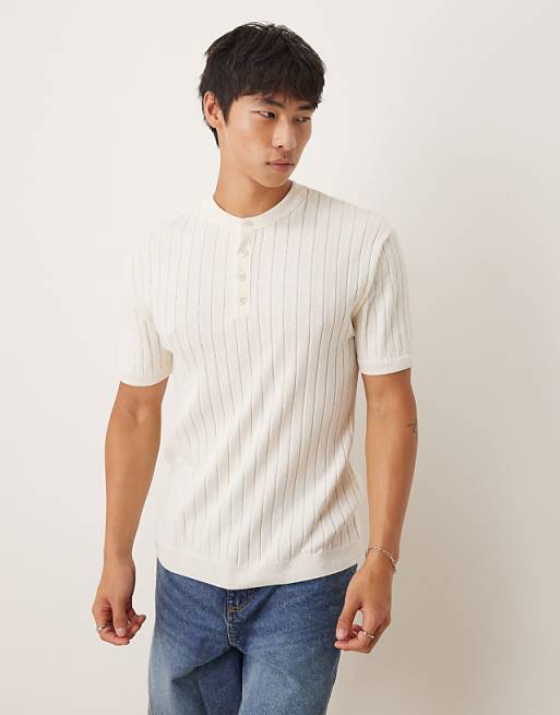 DESIGN muscle fit knitted henley neck t-shirt in cream