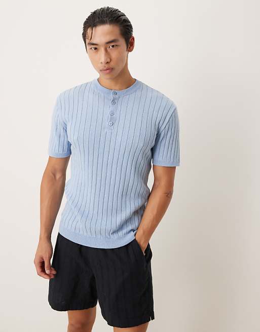 DESIGN muscle fit knitted henley neck t-shirt in light blue