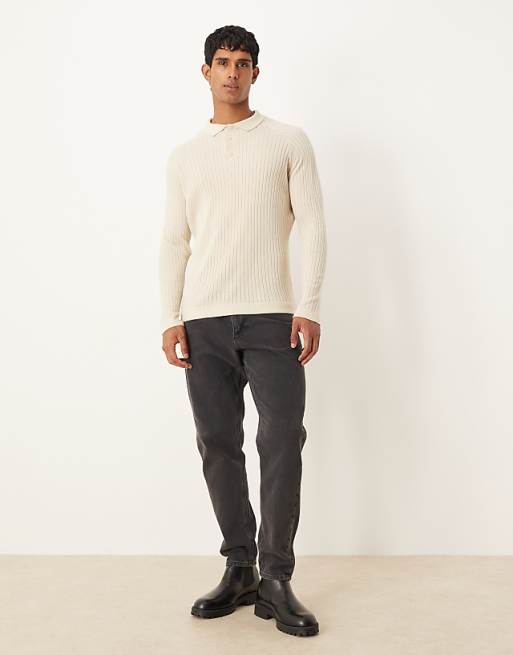 DESIGN Muscle Fit Knitted Long Sleeve Polo T-shirt In Cream