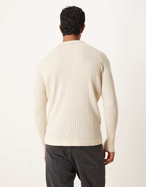 DESIGN Muscle Fit Knitted Long Sleeve Polo T-shirt In Cream