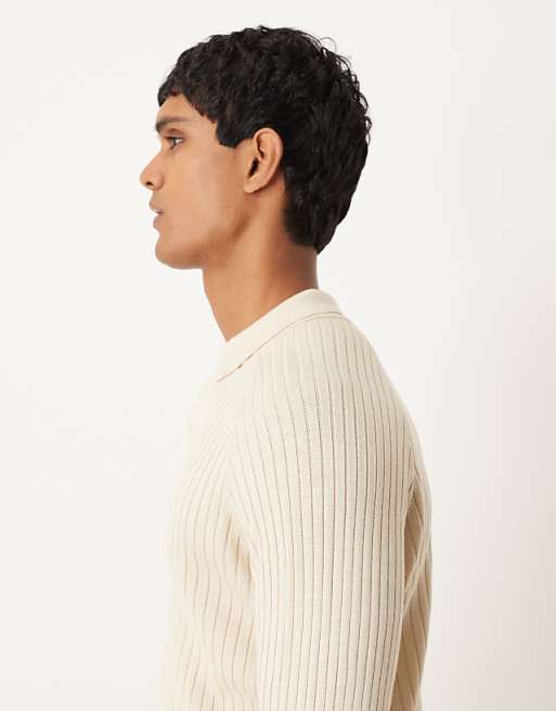 DESIGN Muscle Fit Knitted Long Sleeve Polo T-shirt In Cream
