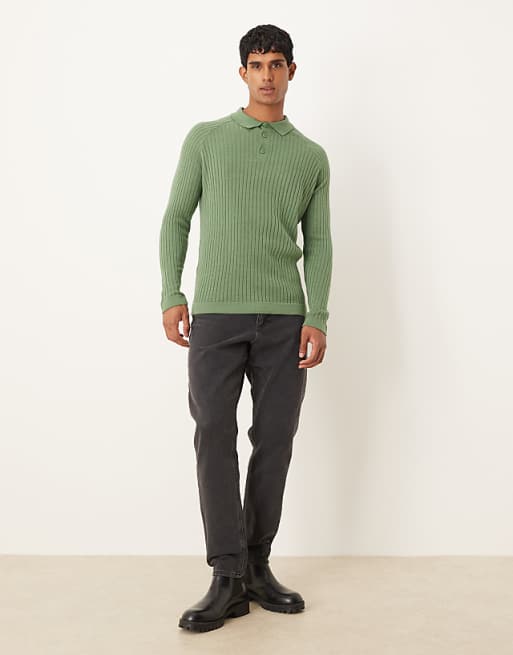 DESIGN Muscle Fit Knitted Long Sleeve Polo T-shirt In Khaki