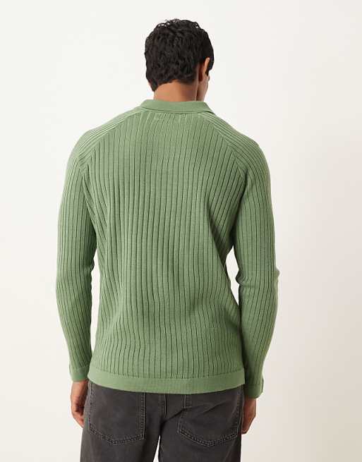 DESIGN Muscle Fit Knitted Long Sleeve Polo T-shirt In Khaki