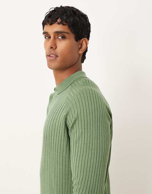 DESIGN Muscle Fit Knitted Long Sleeve Polo T-shirt In Khaki