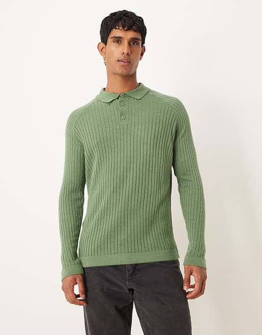 DESIGN muscle fit knitted long sleeve polo t-shirt in khaki