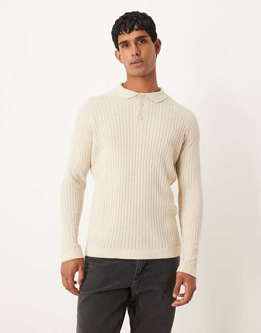 DESIGN muscle fit knitted long sleeve polo t-shirt in cream
