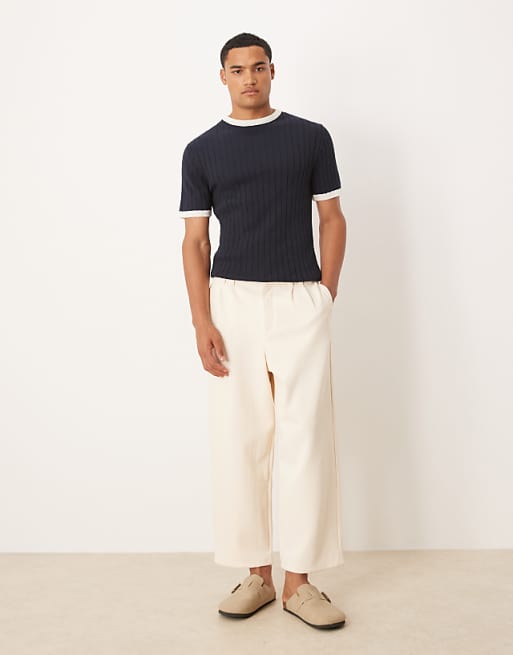DESIGN Muscle Fit Knitted Ringer T-shirt In Navy