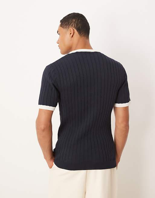 DESIGN Muscle Fit Knitted Ringer T-shirt In Navy