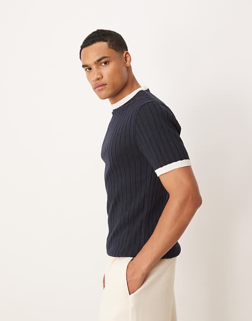 DESIGN Muscle Fit Knitted Ringer T-shirt In Navy