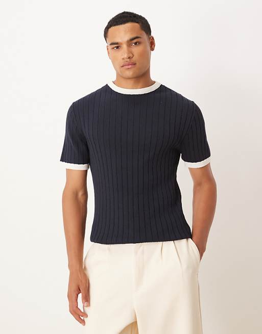DESIGN muscle fit knitted ringer t-shirt in navy