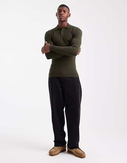 DESIGN Muscle Fit Knitted Textured Polo In Dark Green