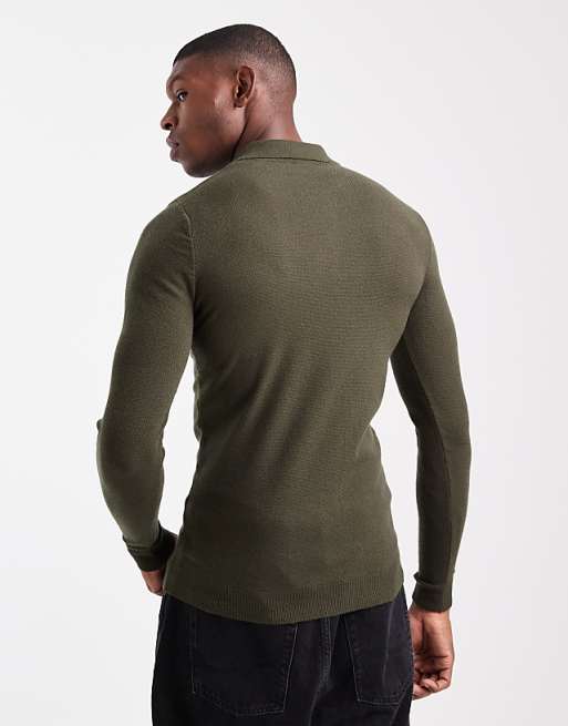 DESIGN Muscle Fit Knitted Textured Polo In Dark Green