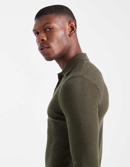 DESIGN Muscle Fit Knitted Textured Polo In Dark Green