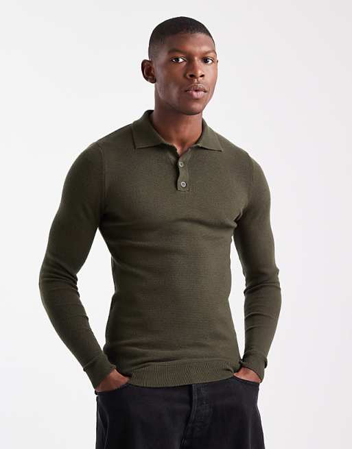 DESIGN muscle fit knitted textured polo in dark green