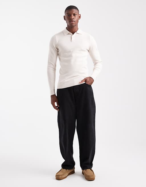 DESIGN Muscle Fit Knitted Textured Polo In Ecru