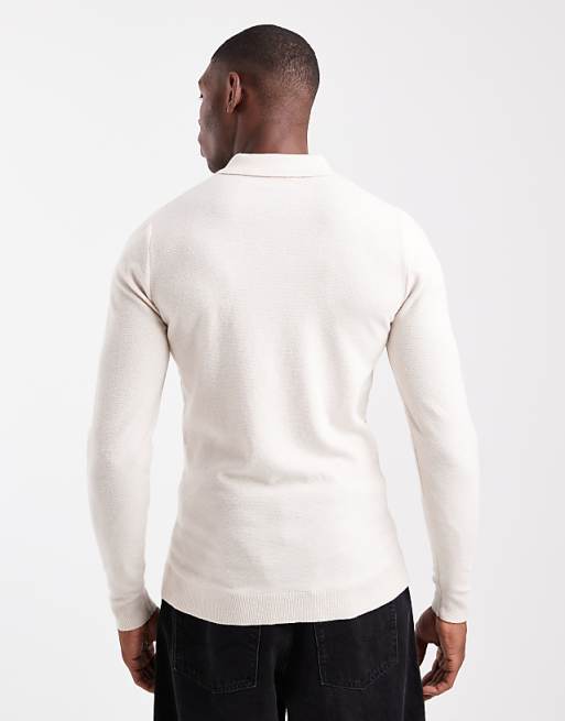 DESIGN Muscle Fit Knitted Textured Polo In Ecru