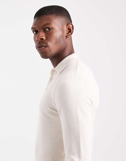 DESIGN Muscle Fit Knitted Textured Polo In Ecru