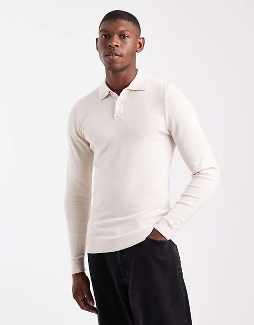 DESIGN muscle fit knitted textured polo in ecru