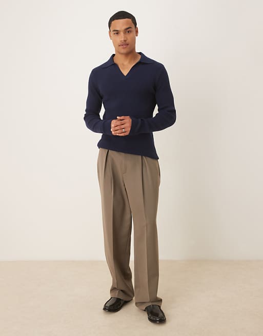 DESIGN Muscle Fit Long Sleeve Compact Knit Notch Neck Polo In Navy