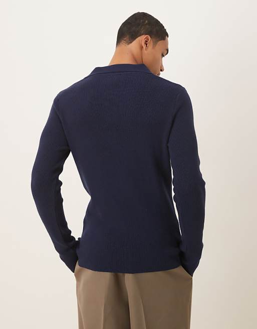 DESIGN Muscle Fit Long Sleeve Compact Knit Notch Neck Polo In Navy