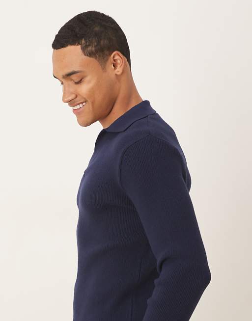 DESIGN Muscle Fit Long Sleeve Compact Knit Notch Neck Polo In Navy