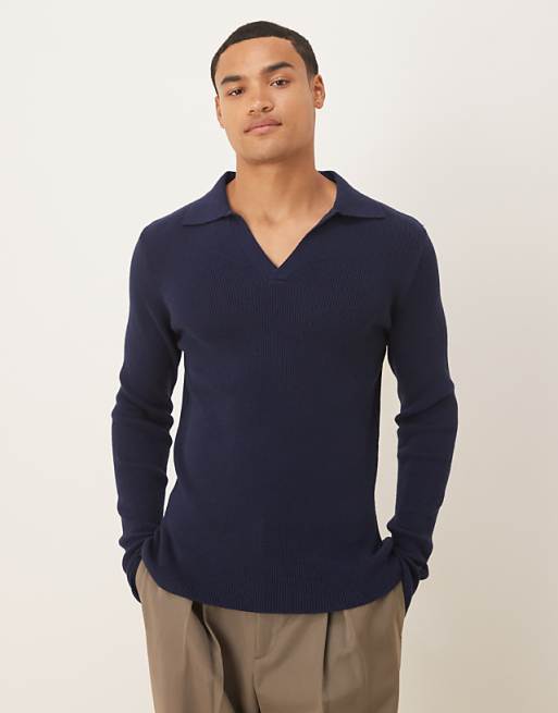 DESIGN muscle fit long sleeve compact knit notch neck polo in navy