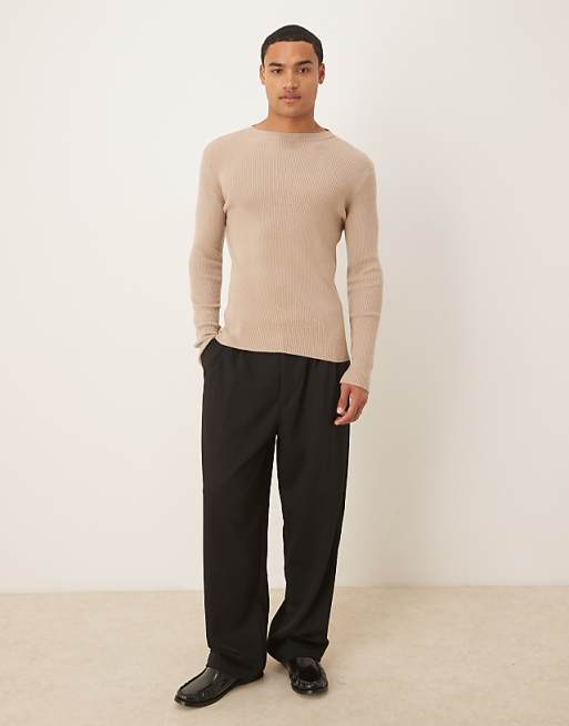 DESIGN Muscle Fit Long Sleeve Compact Knit Rib T-shirt In Beige