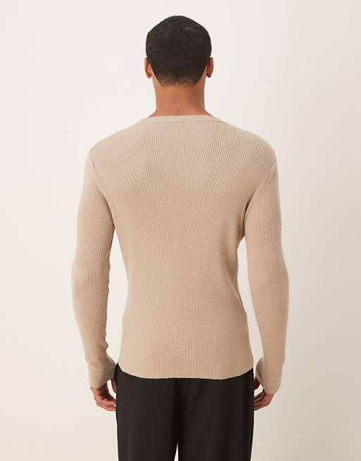 DESIGN Muscle Fit Long Sleeve Compact Knit Rib T-shirt In Beige