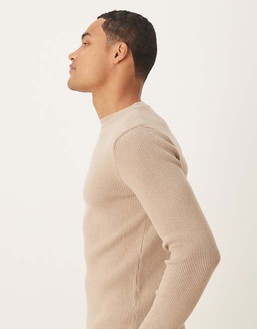 DESIGN Muscle Fit Long Sleeve Compact Knit Rib T-shirt In Beige