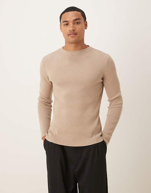 DESIGN muscle fit long sleeve compact knit rib t-shirt in beige