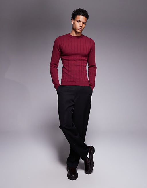 DESIGN Muscle Fit Long Sleeve Knitted Rib T-shirt In Burgundy