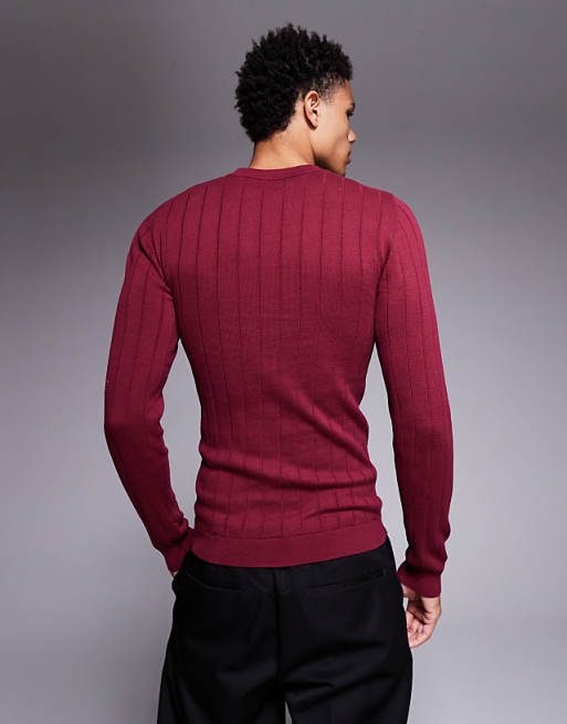 DESIGN Muscle Fit Long Sleeve Knitted Rib T-shirt In Burgundy