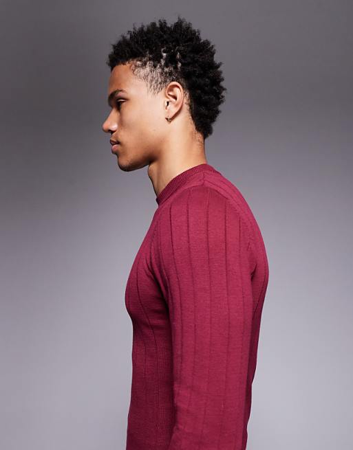 DESIGN Muscle Fit Long Sleeve Knitted Rib T-shirt In Burgundy