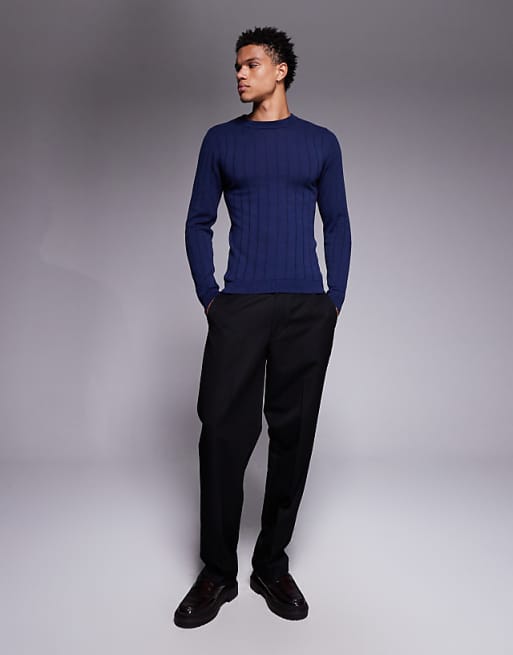 DESIGN Muscle Fit Long Sleeve Knitted Rib T-shirt In Navy